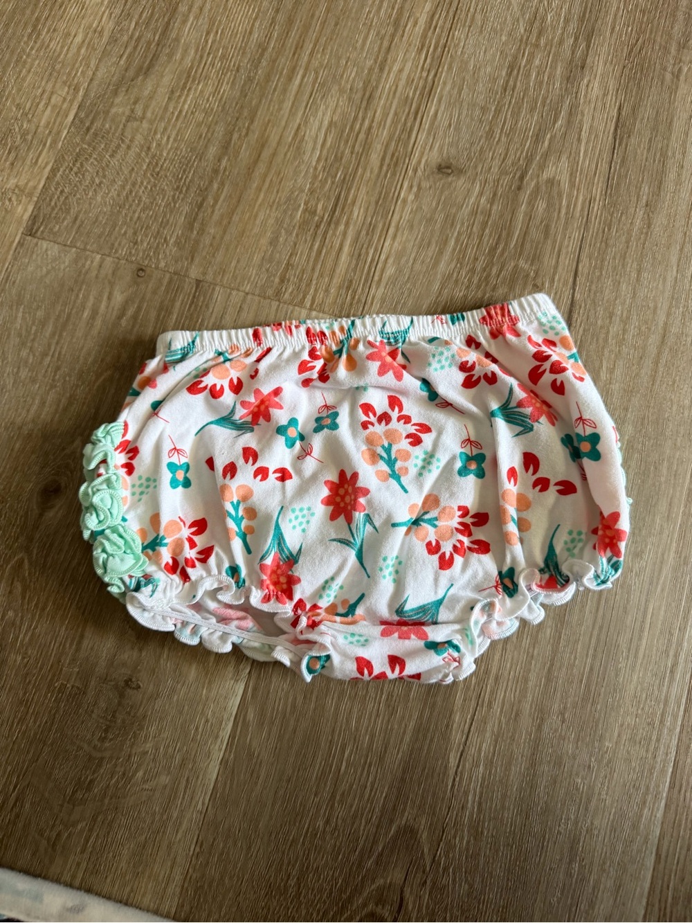Ruffle Butts White Diaper Cover with Coral & Mint Floral Print